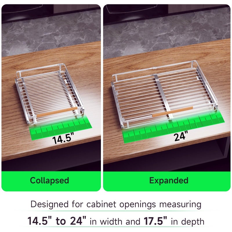SOFRON Expandable Pull Out Drawers for Cabinets, Kitchen Cabinet Slide Out Shelves, Adjustable Roll Out Drawers, Stainless Steel, Medium 1 Pack, (14.5"-24") Width x 17.5" Depth - Image 4