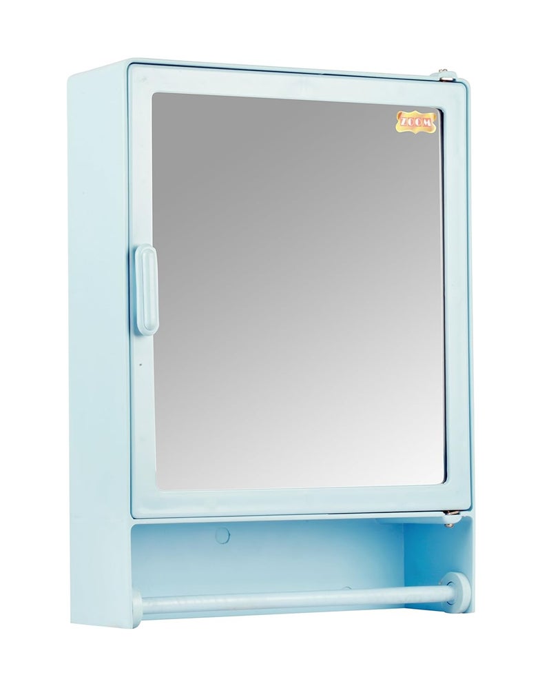 ZOOM خزانة مرآة حمام بلاستيكية زوم مع صندوق تخزين / رفوف وقضيب مناديل، باب واحد، 16"X4"X12" | قضيب، أزرق - Image 1