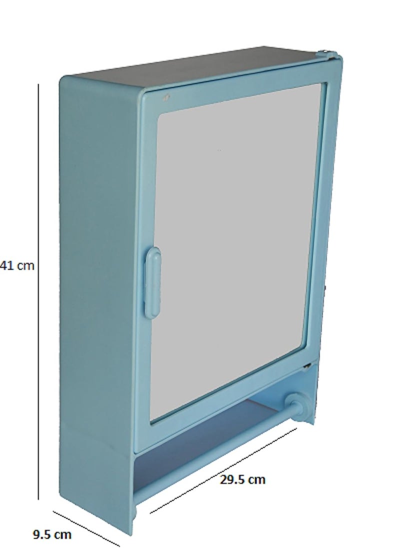 ZOOM خزانة مرآة حمام بلاستيكية زوم مع صندوق تخزين / رفوف وقضيب مناديل، باب واحد، 16"X4"X12" | قضيب، أزرق - Image 2