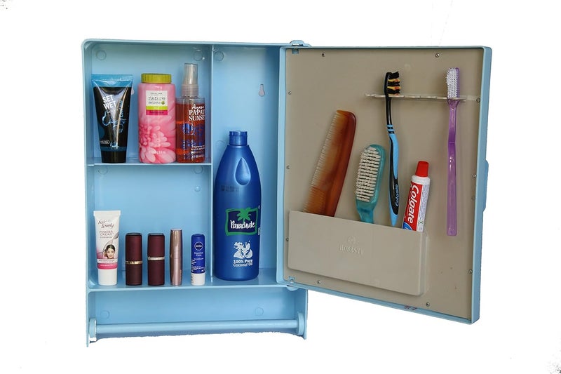 ZOOM خزانة مرآة حمام بلاستيكية زوم مع صندوق تخزين / رفوف وقضيب مناديل، باب واحد، 16"X4"X12" | قضيب، أزرق - Image 4