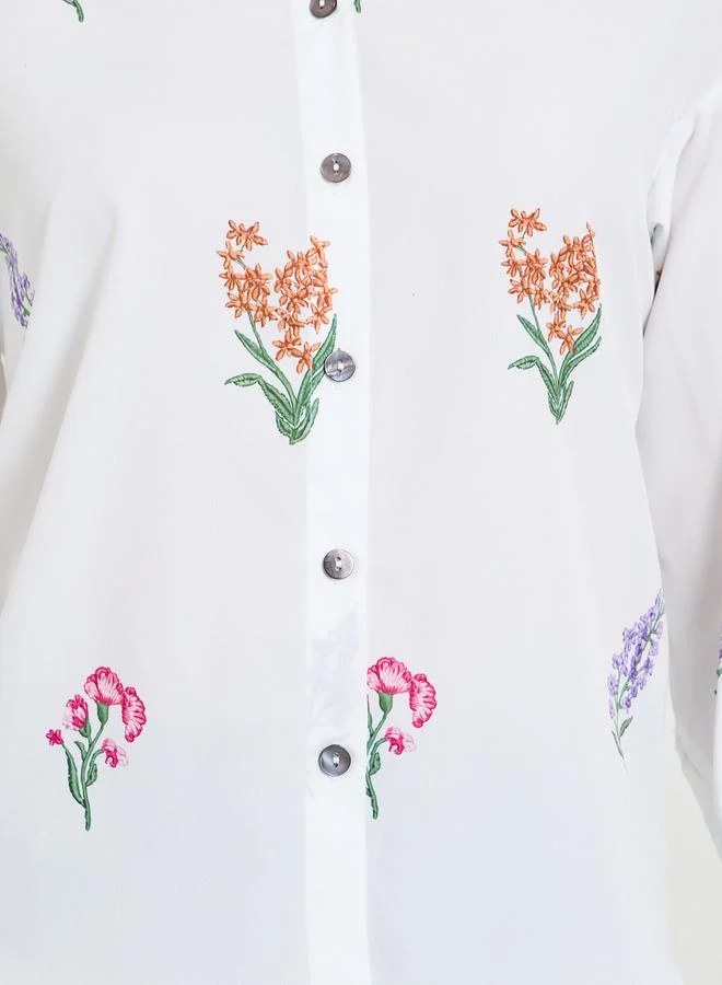 Take Two  White Floral Embroidered Ruffle Cuff Blouse for Women | Best Price UAE