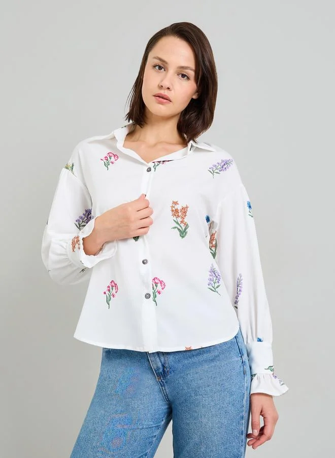 White Floral Embroidered Ruffle Cuff Blouse