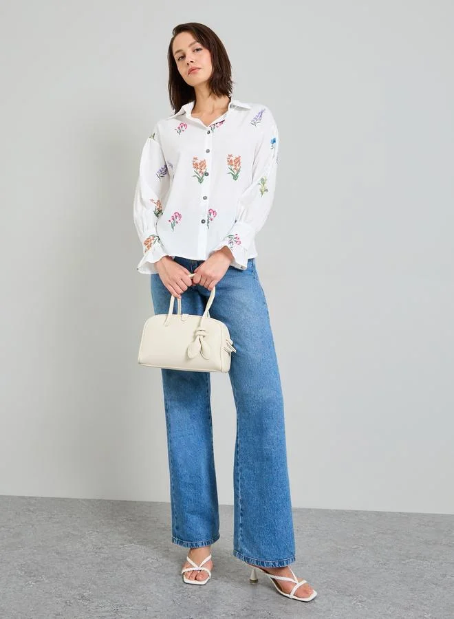 Take Two  White Floral Embroidered Ruffle Cuff Blouse for Women | Best Price UAE