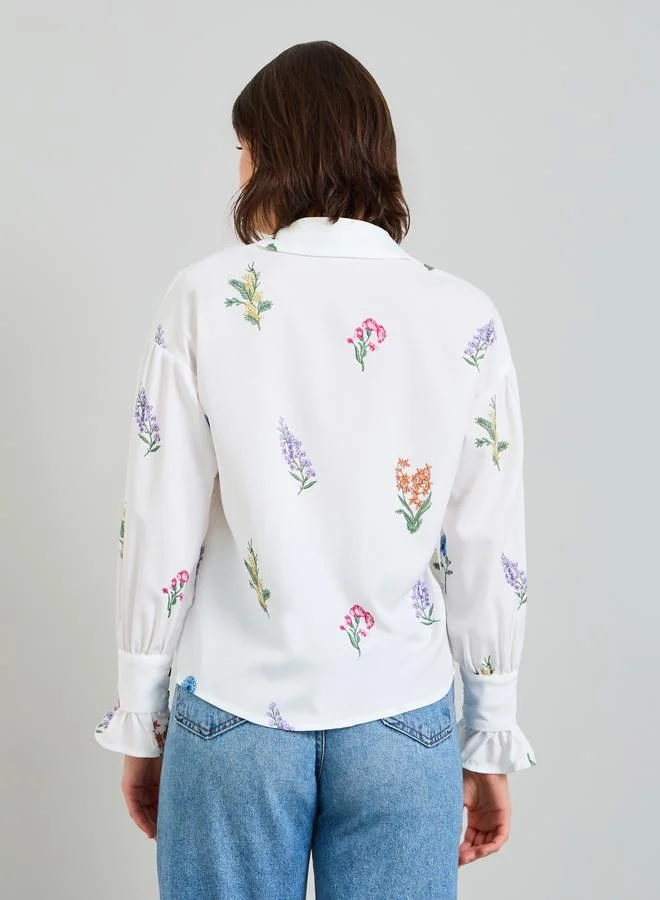 Take Two  White Floral Embroidered Ruffle Cuff Blouse for Women | Best Price UAE