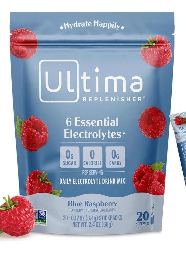Ultima Replenisher Daily Electrolyte Drink Mix, Blue Raspberry, 20 Stickpacks each 0.12 oz (3.4g) - Image 1