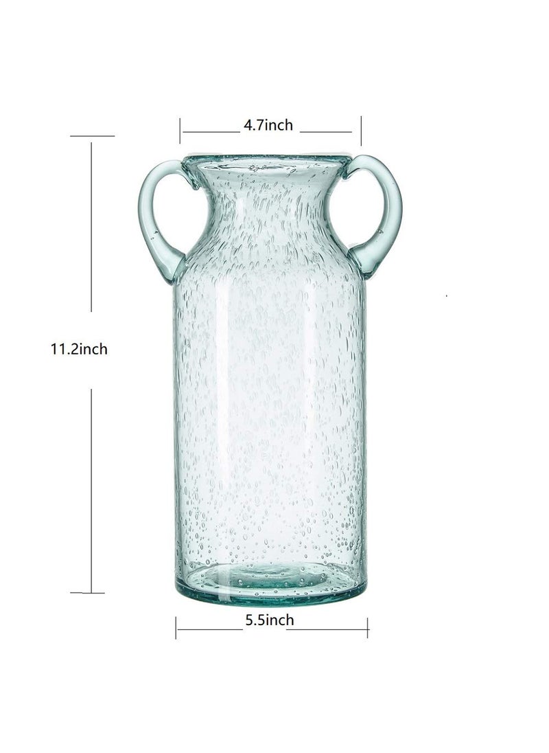 Sunkey Flower Vase Glass Elegant Double Ear Decorative Handmade Air Bubbles Bluish Color Glass Vase for Centerpiece Home Decor (Large)  - Image 2