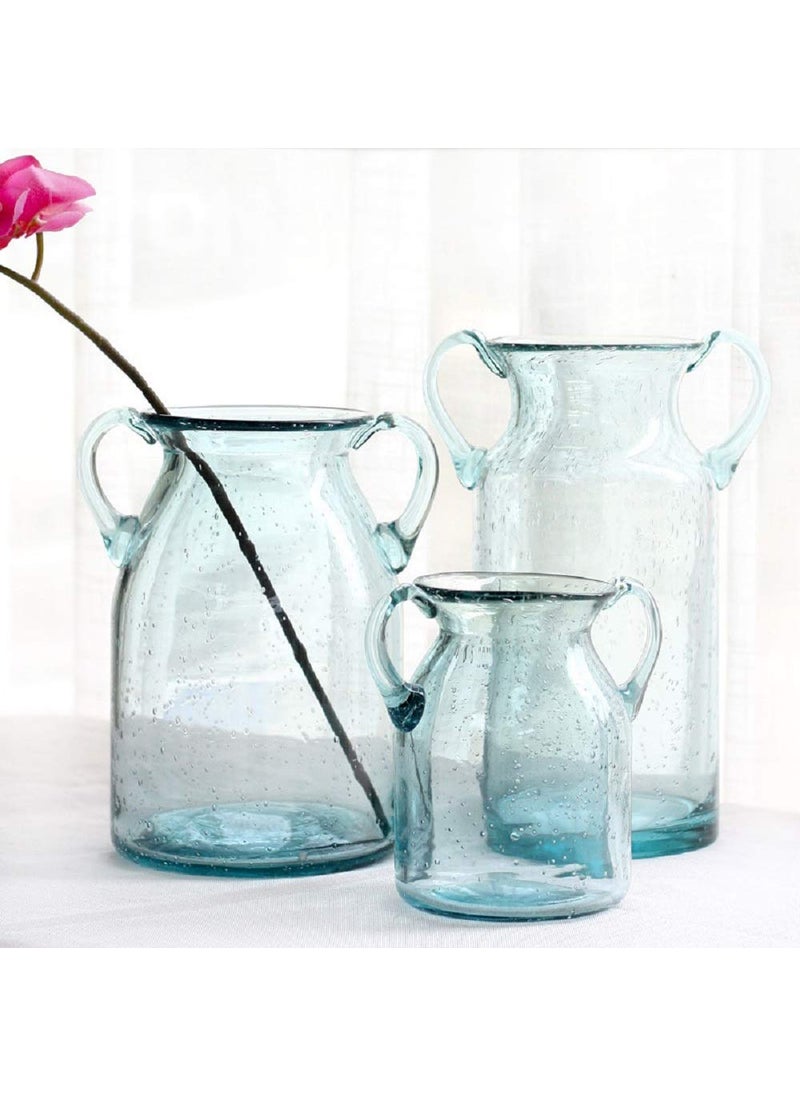 Sunkey Flower Vase Glass Elegant Double Ear Decorative Handmade Air Bubbles Bluish Color Glass Vase for Centerpiece Home Decor (Large)  - Image 4