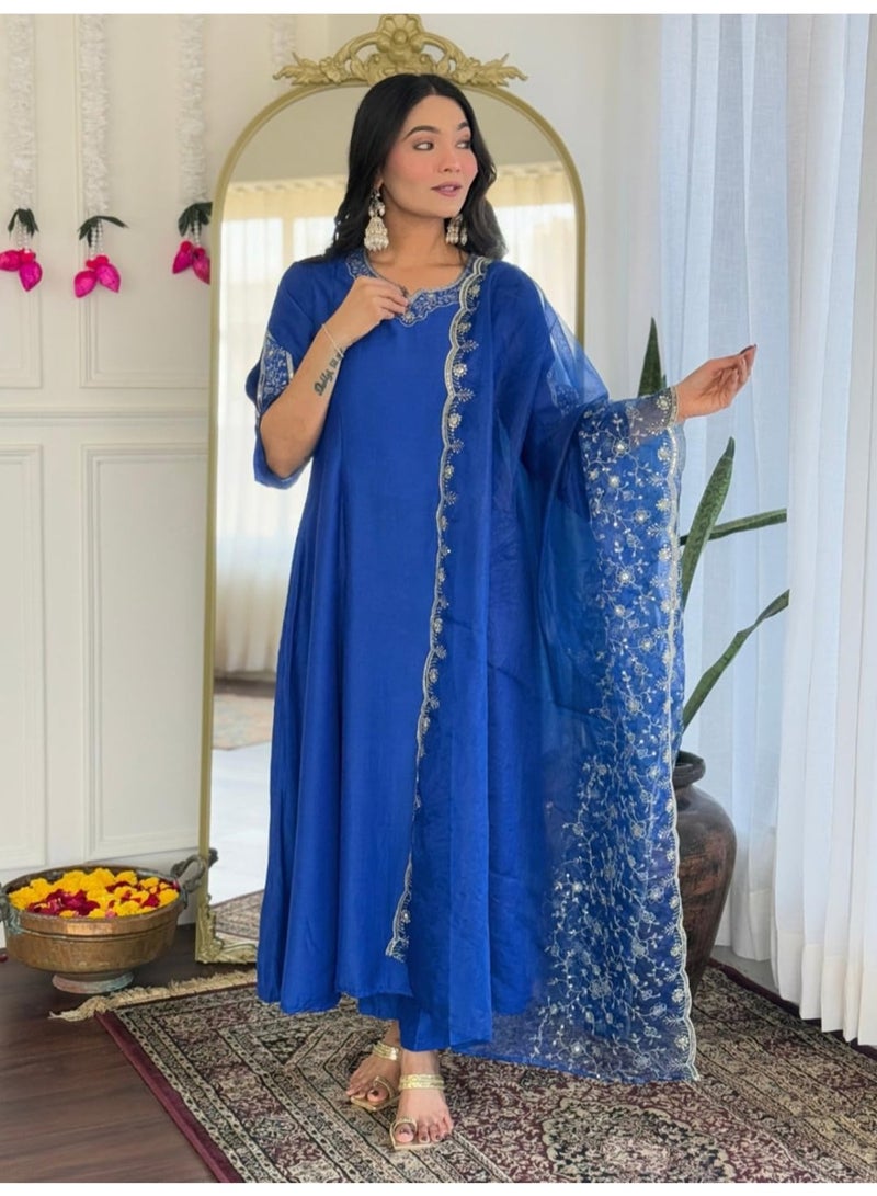 Naixa Women's Blue Viscose Silk Embroidered Flared Kurta with Viscose Silk Pant and Organza Embroidered Dupatta Sets (NX-641-Blue-L) - Image 3