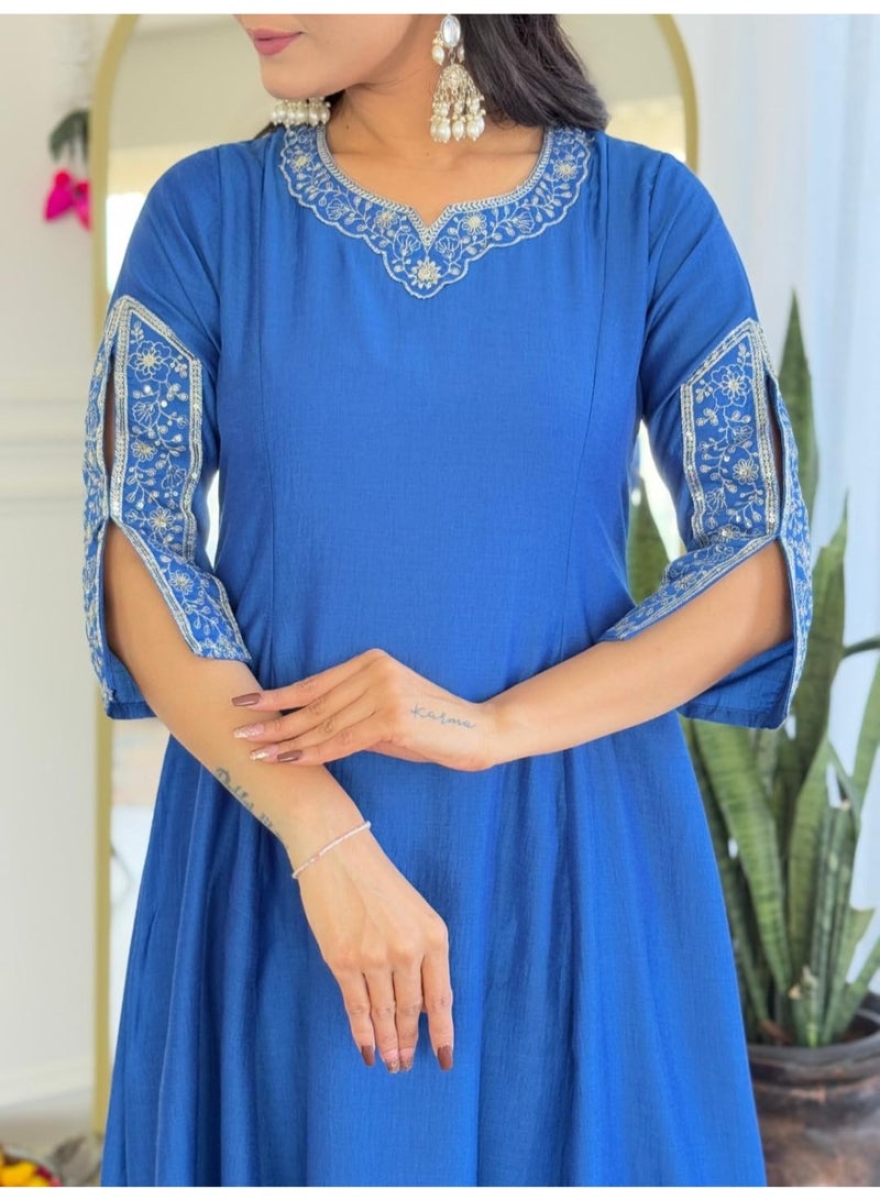 Naixa Women's Blue Viscose Silk Embroidered Flared Kurta with Viscose Silk Pant and Organza Embroidered Dupatta Sets (NX-641-Blue-L) - Image 5