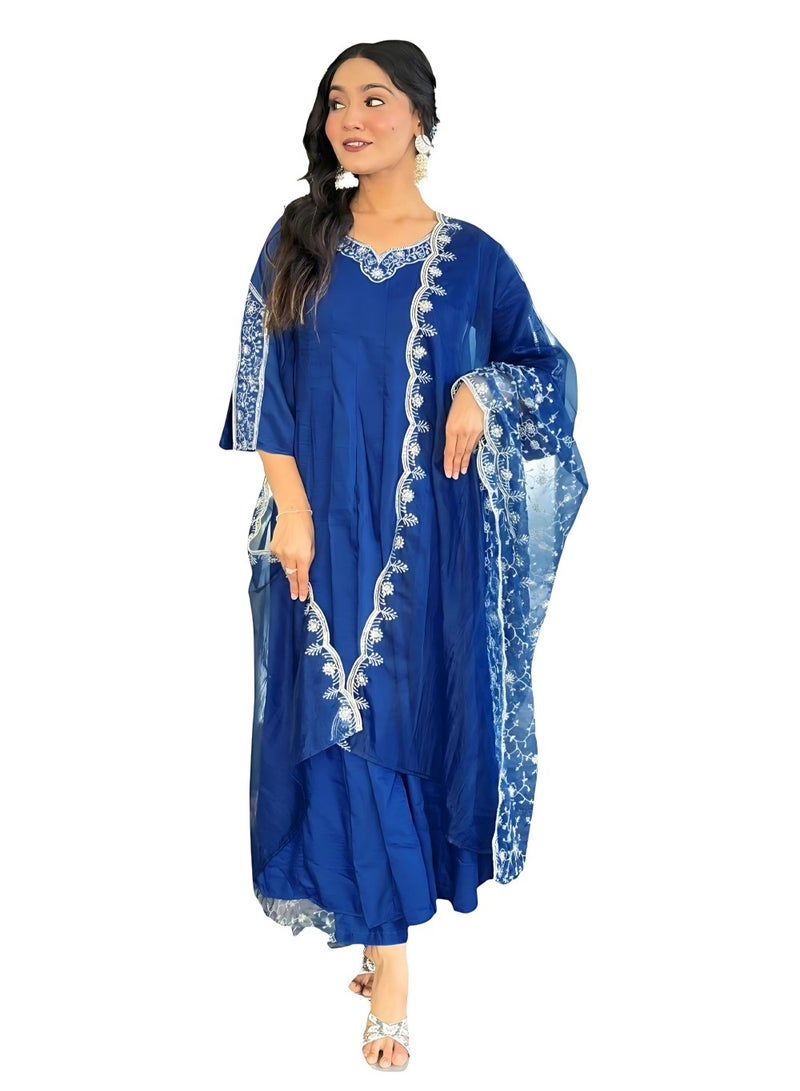 Naixa Women's Blue Viscose Silk Embroidered Flared Kurta with Viscose Silk Pant and Organza Embroidered Dupatta Sets (NX-641-Blue-L) - Image 1