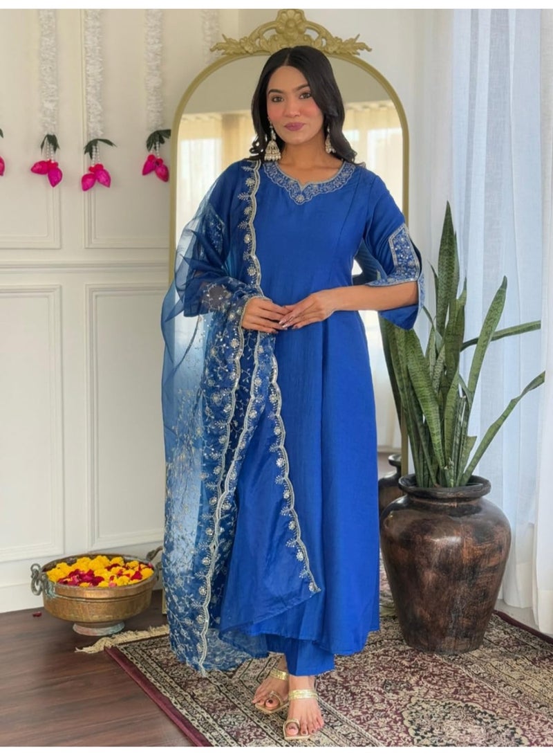Naixa Women's Blue Viscose Silk Embroidered Flared Kurta with Viscose Silk Pant and Organza Embroidered Dupatta Sets (NX-641-Blue-L) - Image 2