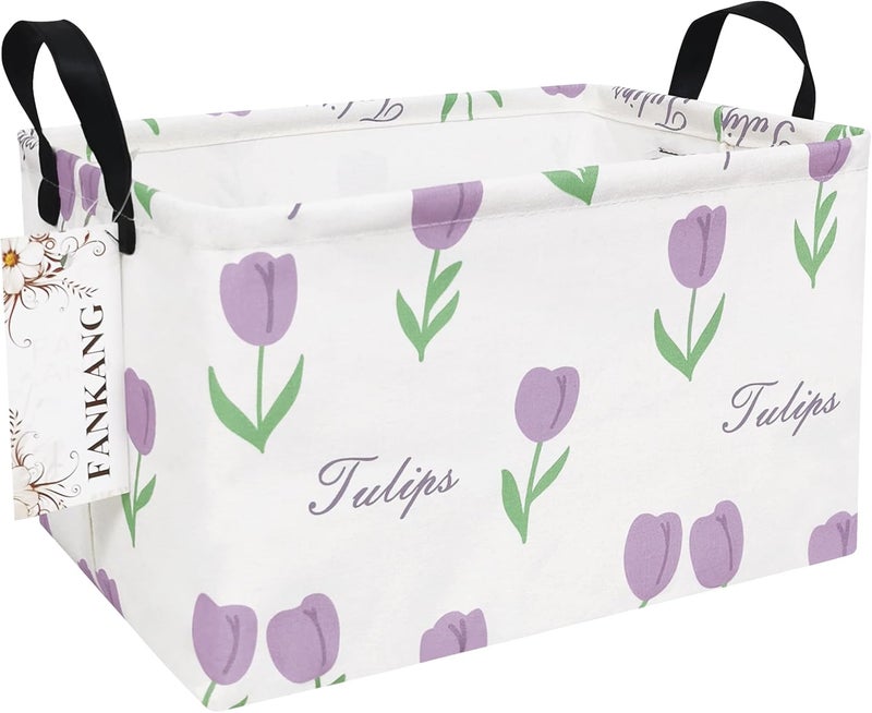 FANKANG Storage Bins, Nursery Hamper Canvas Laundry Basket Foldable with Waterproof PE Coating Large Storage Baskets for Kids Boys and Girls, Office, Bedroom, Clothes,Toys(Rec-tulips ） - Image 1
