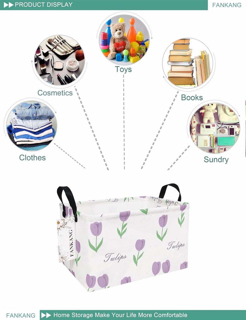 FANKANG Storage Bins, Nursery Hamper Canvas Laundry Basket Foldable with Waterproof PE Coating Large Storage Baskets for Kids Boys and Girls, Office, Bedroom, Clothes,Toys(Rec-tulips ） - Image 3