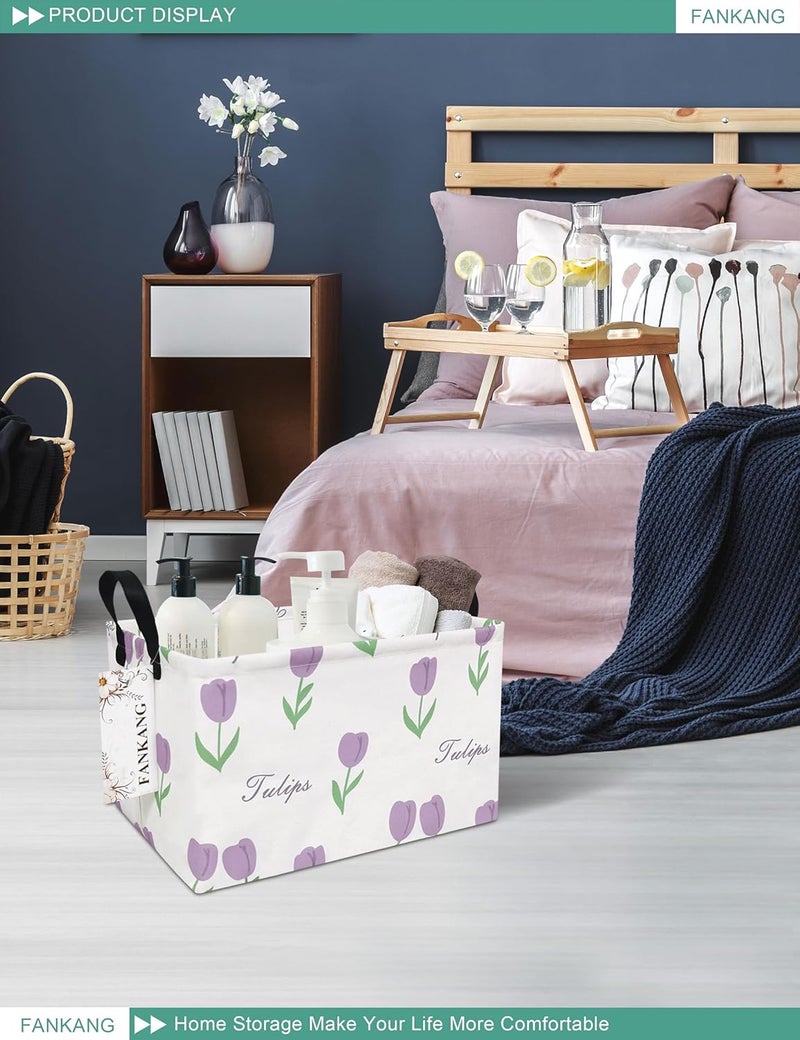 FANKANG Storage Bins, Nursery Hamper Canvas Laundry Basket Foldable with Waterproof PE Coating Large Storage Baskets for Kids Boys and Girls, Office, Bedroom, Clothes,Toys(Rec-tulips ） - Image 4