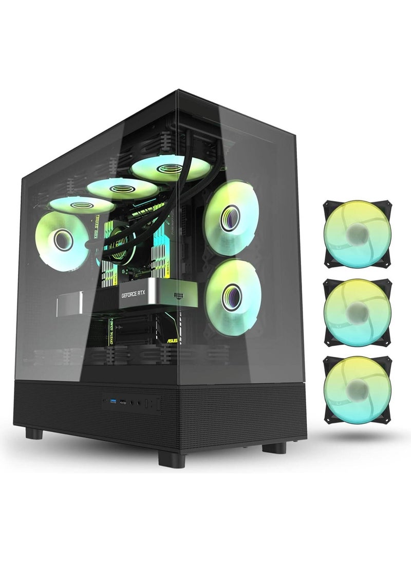 DarkFlash DPX90 ARGB Mid-Tower ATX Gaming PC Case, Panoramic 270° Tempered Glass, 3 Pre-Installed ARGB Fans, Supports Up to 360mm Radiators, GPU Up to 425mm, CPU Cooler Up to 185mm, PSU Up to 270mm, SSD + 2 HDD Storage, Front USB 3.0 & Type-C | Black - Image 1