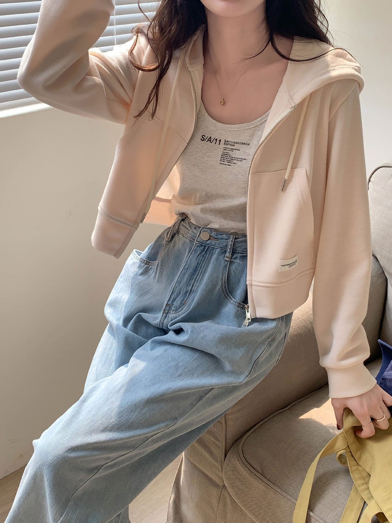Thin Sweatshirt Womens Short Zipper Niche Design Spring and Summer Short Pink Top Casual Hooded Cardigan Wholesale Pink - Image 2