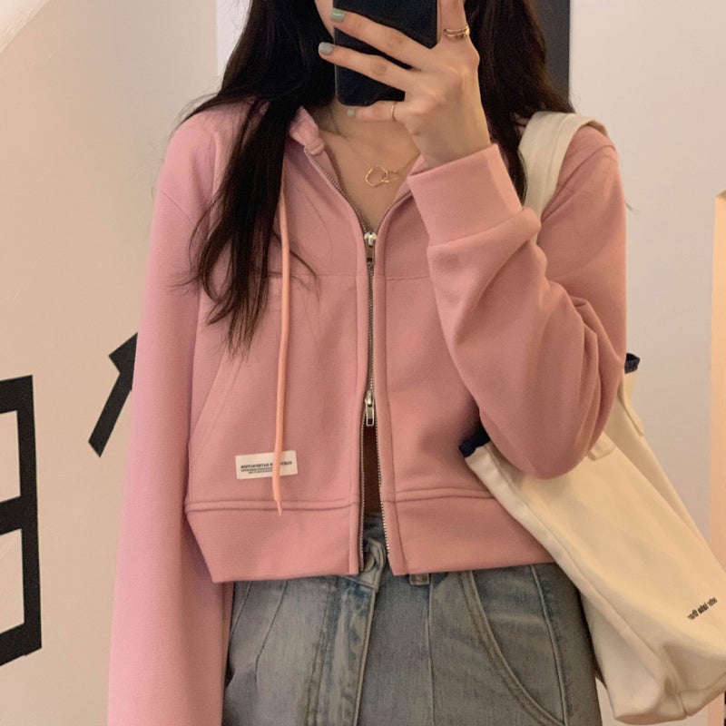 Thin Sweatshirt Womens Short Zipper Niche Design Spring and Summer Short Pink Top Casual Hooded Cardigan Wholesale Pink - Image 1