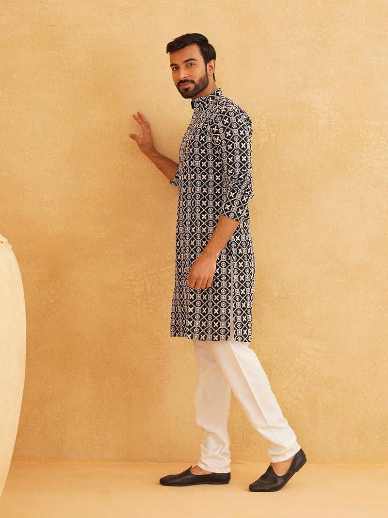 SOJANYA (Since 1958 Men's Cotton Gold Sequence Embroidered Black Kurta with White Churidaar Pyjama - Image 2