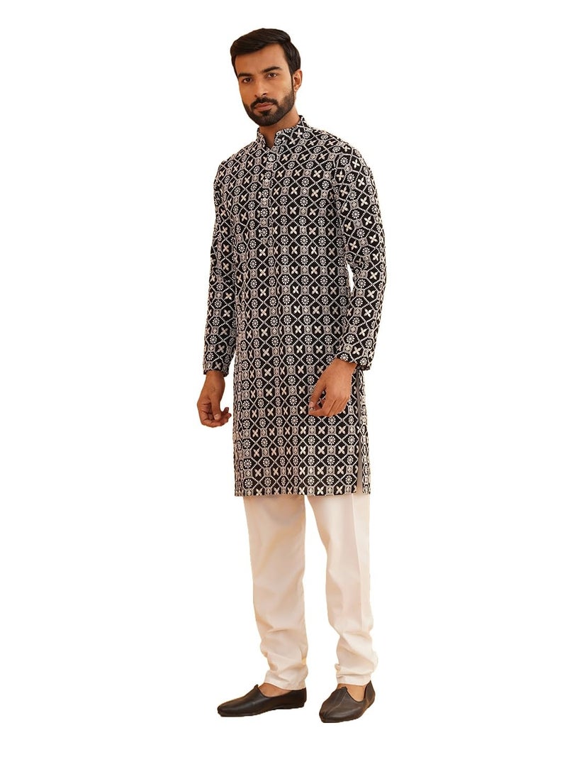 SOJANYA (Since 1958 Men's Cotton Gold Sequence Embroidered Black Kurta with White Churidaar Pyjama - Image 1