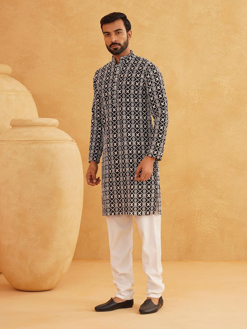 SOJANYA (Since 1958 Men's Cotton Gold Sequence Embroidered Black Kurta with White Churidaar Pyjama - Image 3