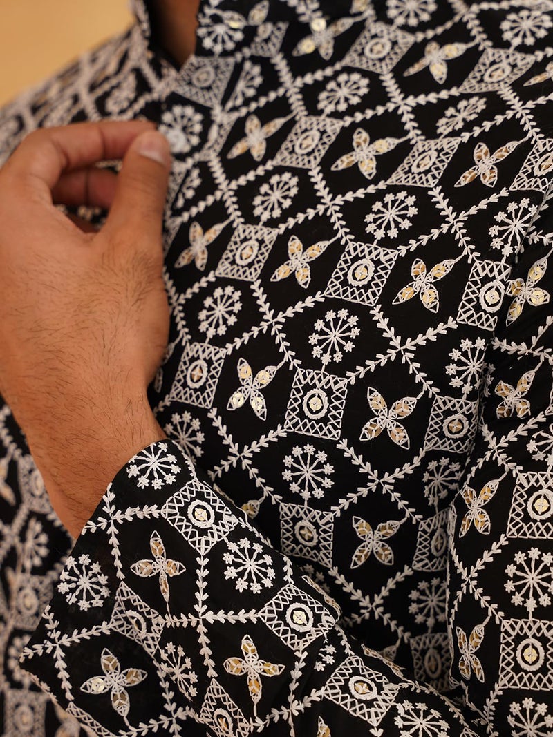 SOJANYA (Since 1958 Men's Cotton Gold Sequence Embroidered Black Kurta with White Churidaar Pyjama - Image 5