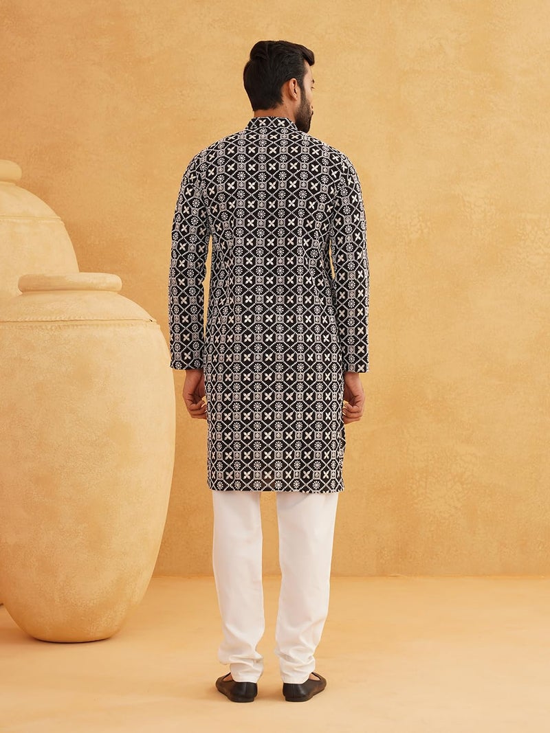 SOJANYA (Since 1958 Men's Cotton Gold Sequence Embroidered Black Kurta with White Churidaar Pyjama - Image 4
