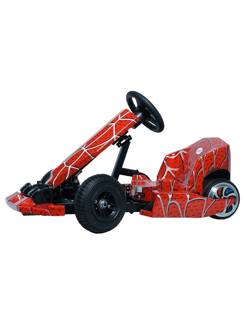 Crony kids electric go-kart jl001-04, 250w motor, 15–20 km/h speed, 36v/3.6ah battery, 8–10 km range, supports riders up to 65 kg, led-light wheels, fire-themed design, hand brakes, durable aluminum alloy frame, safe & fun go-kart for kids, includes full safety kit, perfect for outdoor adventures, smooth control, great gift for young racers Red Spider - Image 1