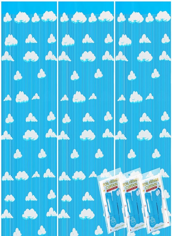 XunYee 5 Pack Blue Sky White Clouds Birthday Party Supplies, Clouds Theme Tinsel Foil Fringe Curtains, Cartoon Story Curtains, Baby Kids Shower Birthday Party Decorations - Image 1