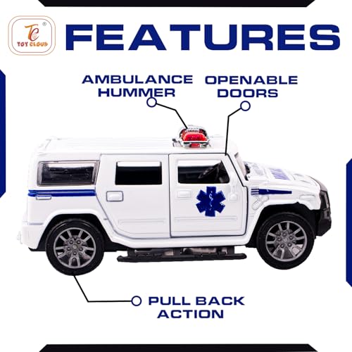 Toy Cloud Hummer Ambulance Car 1:32 Scale Die-Cast Metal Toy with Opening Doors and Pull Back Action Realistic Toy Car - Image 4