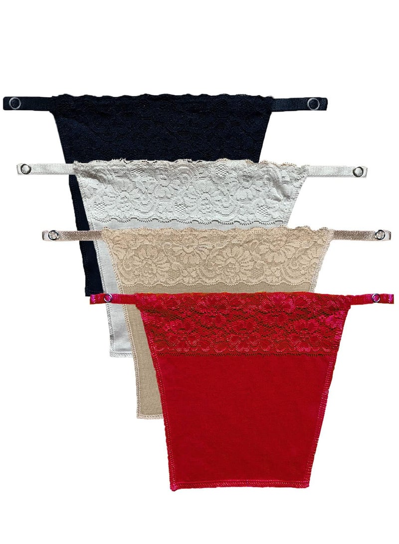 Glamroot Women's Cotton Camisole Cleavage Cover Clip-on Mock Lace Camisecret - Set of 4 (Black, White, Skin, Red) - Image 1