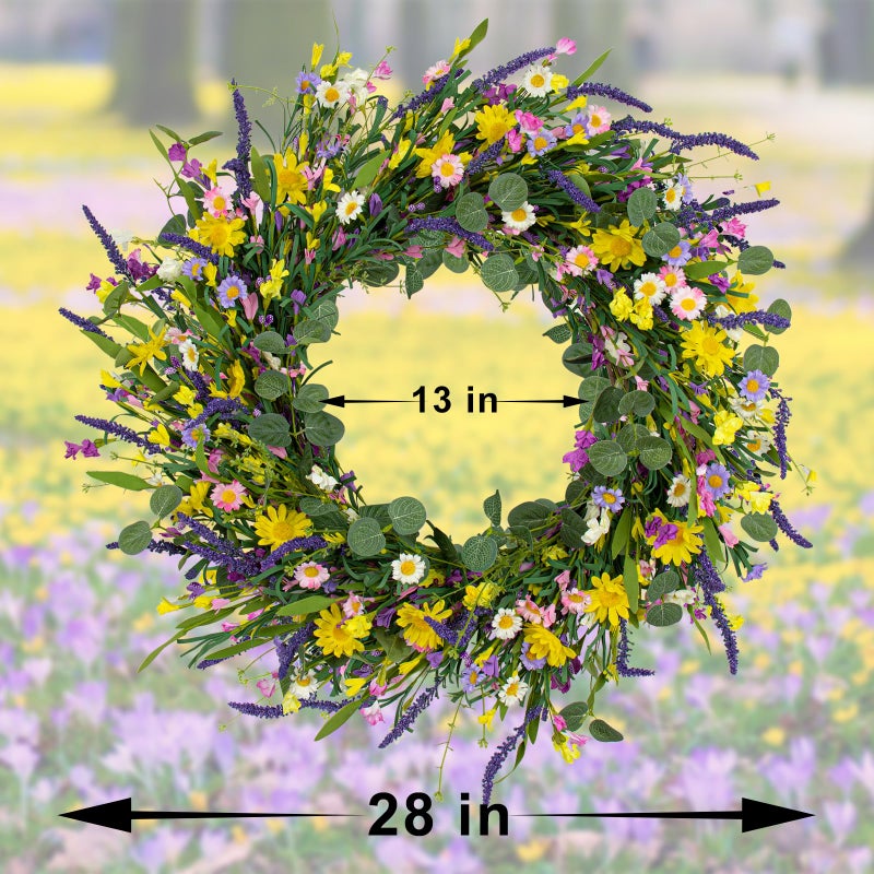 J'FLORU Large Spring Wreaths for Front Door 28 Inch Artificial Spring Wreath Summer Flower Wreath with Daisy and Lavender for Indoor Outdoor Wall Window and Easter Celebration - Image 4