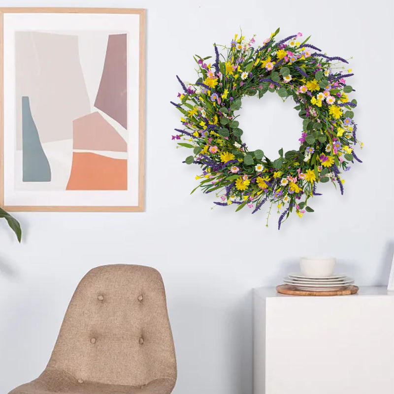 J'FLORU Large Spring Wreaths for Front Door 28 Inch Artificial Spring Wreath Summer Flower Wreath with Daisy and Lavender for Indoor Outdoor Wall Window and Easter Celebration - Image 2