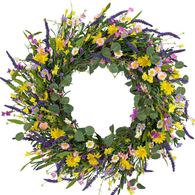 J'FLORU Large Spring Wreaths for Front Door 28 Inch Artificial Spring Wreath Summer Flower Wreath with Daisy and Lavender for Indoor Outdoor Wall Window and Easter Celebration - Image 1