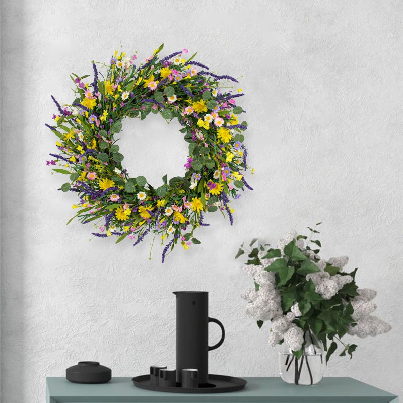 J'FLORU Large Spring Wreaths for Front Door 28 Inch Artificial Spring Wreath Summer Flower Wreath with Daisy and Lavender for Indoor Outdoor Wall Window and Easter Celebration - Image 3
