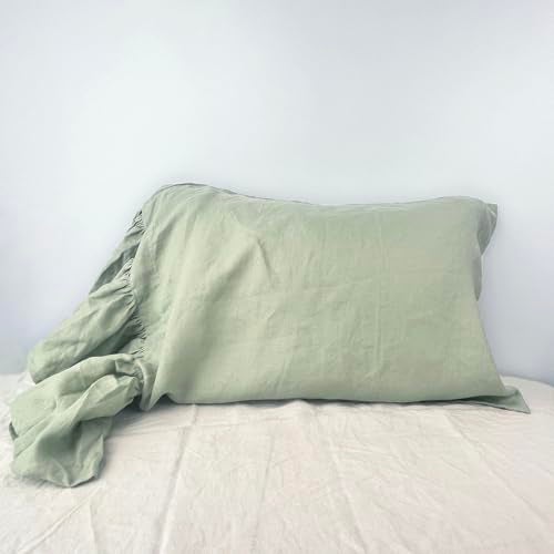 ESASILK Bean Green Ruffles Linen Pillowcase, 100% French Linen Pillow Cover, King Size 1 Piece Farmhouse Shabby Chic Pillow Case, 20''x36'' Pillowcase with Decorative Ruffle Envelope Closure - Image 1