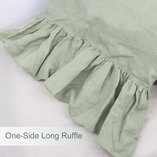 ESASILK Bean Green Ruffles Linen Pillowcase, 100% French Linen Pillow Cover, King Size 1 Piece Farmhouse Shabby Chic Pillow Case, 20''x36'' Pillowcase with Decorative Ruffle Envelope Closure - Image 3