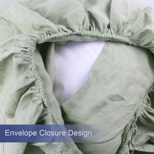 ESASILK Bean Green Ruffles Linen Pillowcase, 100% French Linen Pillow Cover, King Size 1 Piece Farmhouse Shabby Chic Pillow Case, 20''x36'' Pillowcase with Decorative Ruffle Envelope Closure - Image 4