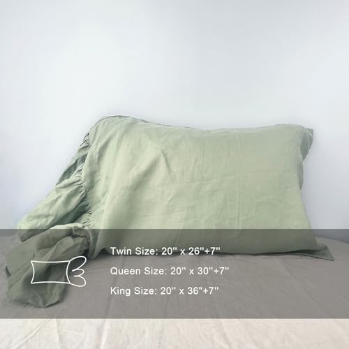 ESASILK Bean Green Ruffles Linen Pillowcase, 100% French Linen Pillow Cover, King Size 1 Piece Farmhouse Shabby Chic Pillow Case, 20''x36'' Pillowcase with Decorative Ruffle Envelope Closure - Image 5
