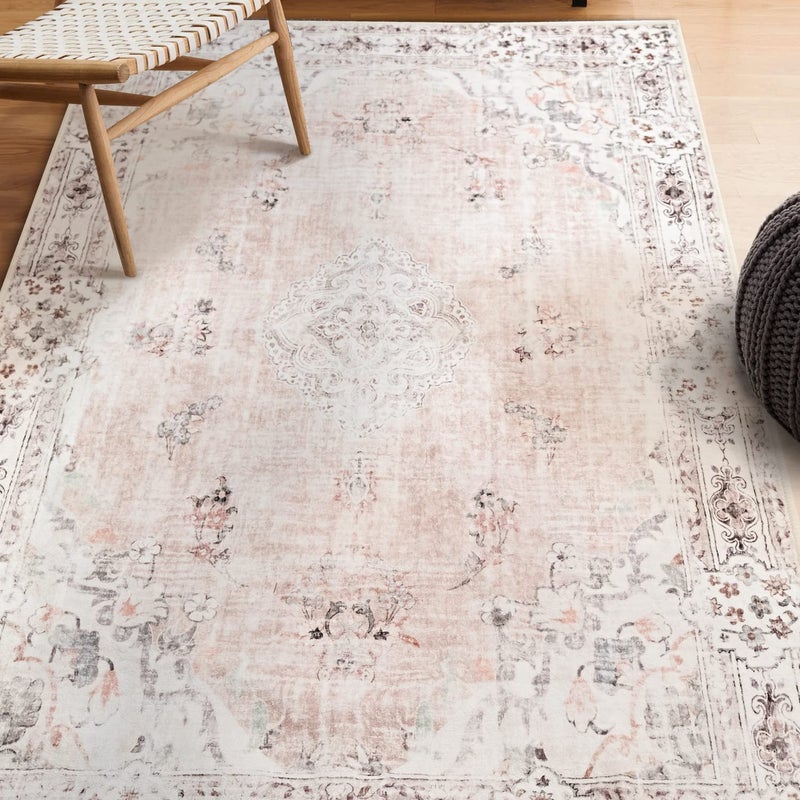MUJOO Boho Area Rug 3'x5' Machine Washable, Pink Small Non Slip Area Rugs for Entryway Bedroom Bedside Kitchen Hallway Living Room Laundry Room Indoor Mat Soft Low-Pile Floral. - Image 2