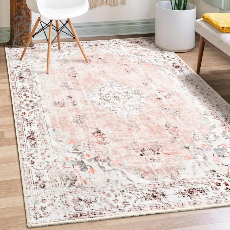 MUJOO Boho Area Rug 3'x5' Machine Washable, Pink Small Non Slip Area Rugs for Entryway Bedroom Bedside Kitchen Hallway Living Room Laundry Room Indoor Mat Soft Low-Pile Floral. - Image 1