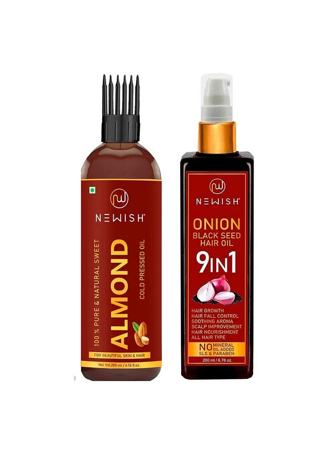 Newish Pure Cold Pressed Sweet Almond Oil For Growth And Organico Onion Hair Oil For Hair Growth Anti Dandruff & Red Oninin ; Hair Regrownz Black Seed Oil For Women 200Ml Each - Image 1
