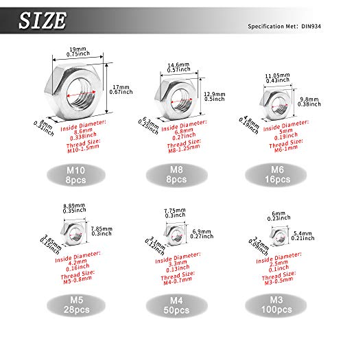 ECKJ 210PCS 304 Stainless Steel Hex Nuts Assortment Kit for Screw Bolt with 6 Sizes DIN 934 (M3 M4 M5 M6 M8 M10) Great Replacement Fasteners for Professionals, Repairmen or DIY, Meet Your Every Needs - Image 2