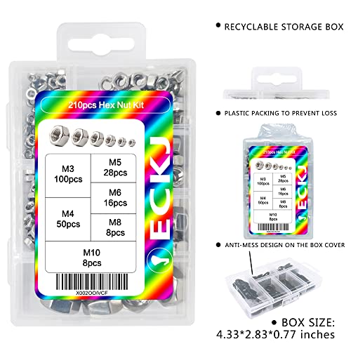 ECKJ 210PCS 304 Stainless Steel Hex Nuts Assortment Kit for Screw Bolt with 6 Sizes DIN 934 (M3 M4 M5 M6 M8 M10) Great Replacement Fasteners for Professionals, Repairmen or DIY, Meet Your Every Needs - Image 3