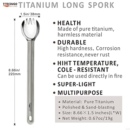 TITECOUGO Titanium Spork, Camping Long Spork Titanium Multitool Lightweight Camp Outdoors Hiking Travel Convenient Picnic Spoon Fork for Men Women Portable Flatware 1 pack - Image 2