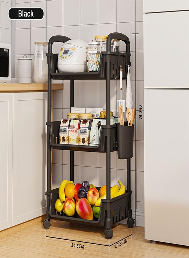Lukzer 3-Tier Multipurpose Plastic Storage Rack with Wheels & Side Hooks | Rolling Utility Organizer Shelf for Kitchen, Bathroom, Office & Home Use – 38.5 x 26 x 63 cm (Black) CH-094 - Image 3