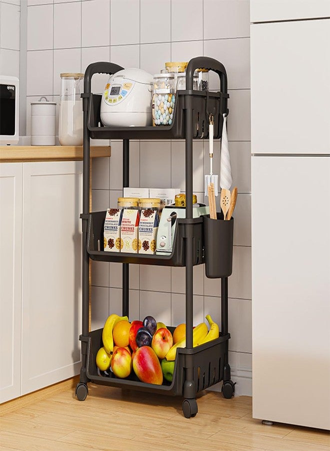 Lukzer 3-Tier Multipurpose Plastic Storage Rack with Wheels & Side Hooks | Rolling Utility Organizer Shelf for Kitchen, Bathroom, Office & Home Use – 38.5 x 26 x 63 cm (Black) CH-094 - Image 1