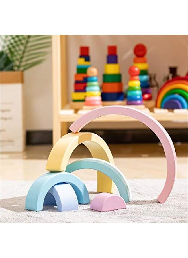 Wooden Rainbow Small Stacker, 6 Piece Rainbow Stacking Toy for Baby/Toddlers/Kids, Montessori Education Pastel Rainbow Decor, Kindergarten Teaching Aid  - Image 2