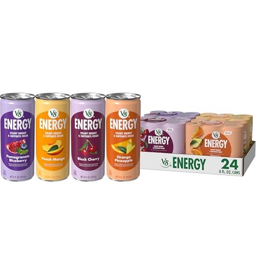 V8 Energy Peach Mango Orange Pineapple Black Cherry and Pomegranate Blueberry Juice Energy Drinks 8 fl oz Can 24 Pack - Image 1