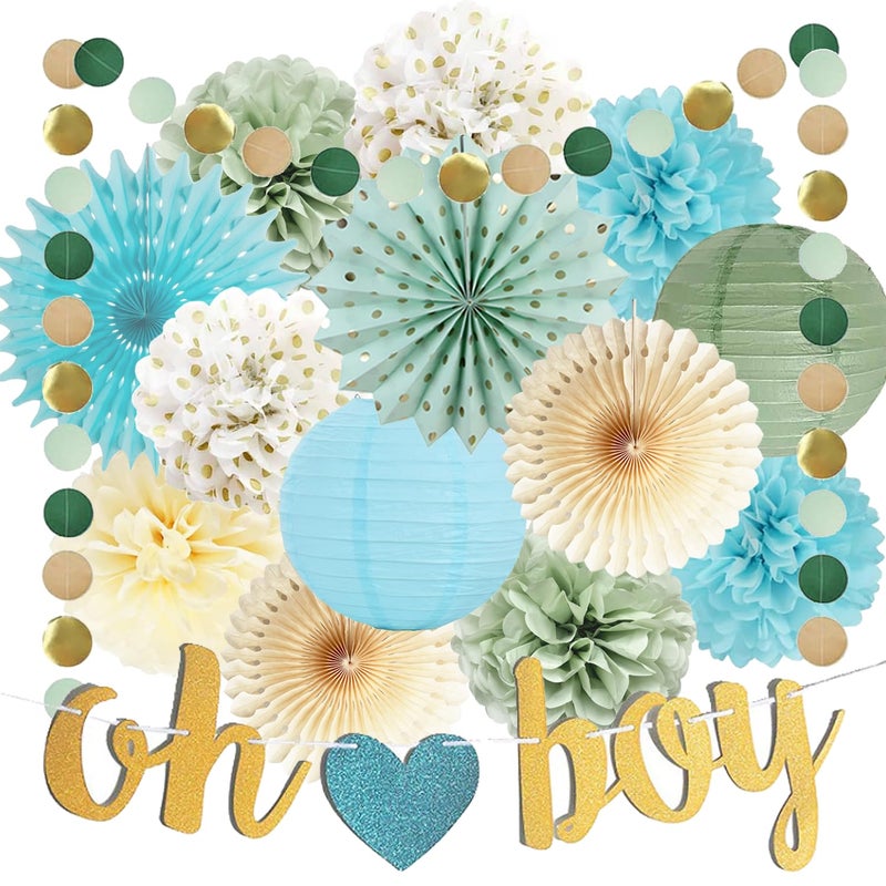 FETETIJD Sage Green Blue Baby Shower Decorations for Boy Oh Boy Banner Tissue Paper Pom Poms Flowers Paper Fans Circle Dot Garland Neutral Party Supplies Baby Boy Gender Reveal Birthday Party Decorations - Image 2