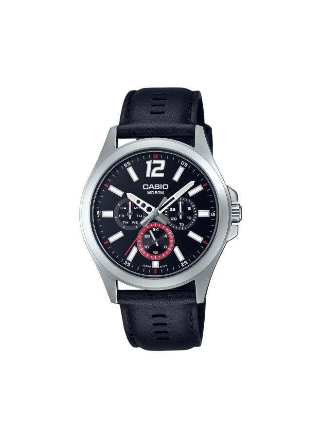 Casio MTP-E350L-1BVDF Men’s Analog Multi-Function Watch – Black Dial, Black Leather Strap, Modern Classic Design - Image 1